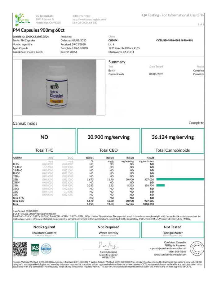 CBDfx PM Night Time Capsules 900mg COA lab test