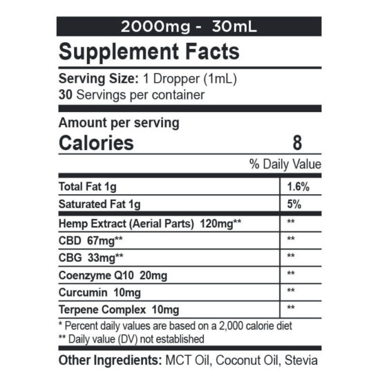 CBDfx CBD + CBG Oil Wellness Tincture 2:1 Supplement Nutritional Facts 2000mg