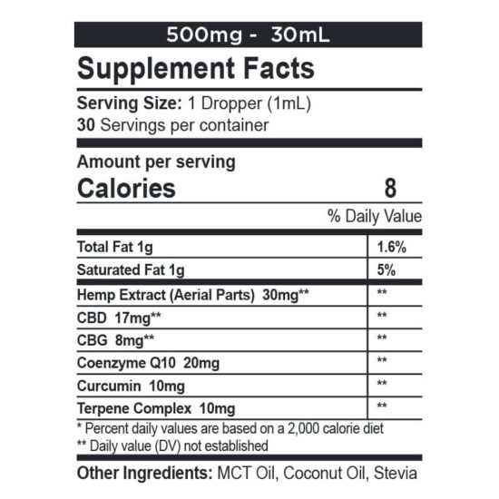 CBDfx CBD + CBG Oil Wellness Tincture 2:1 Supplement Nutritional Facts 500mg