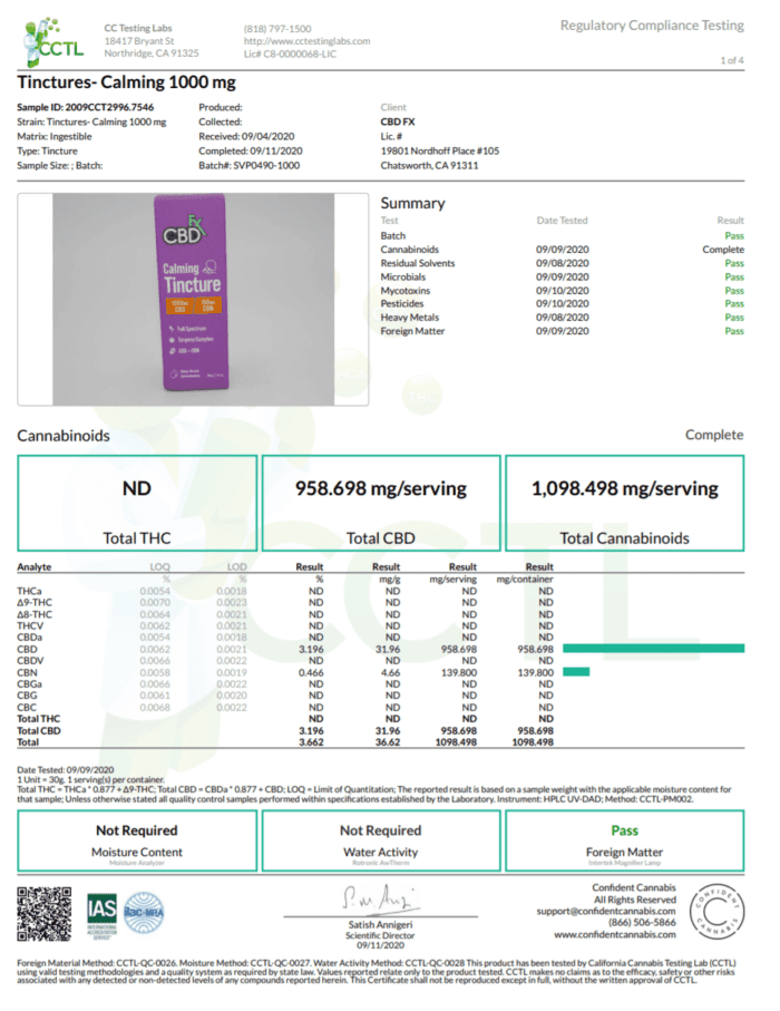 CBDfx CBD CBN Calming Tincture 1000mg COA